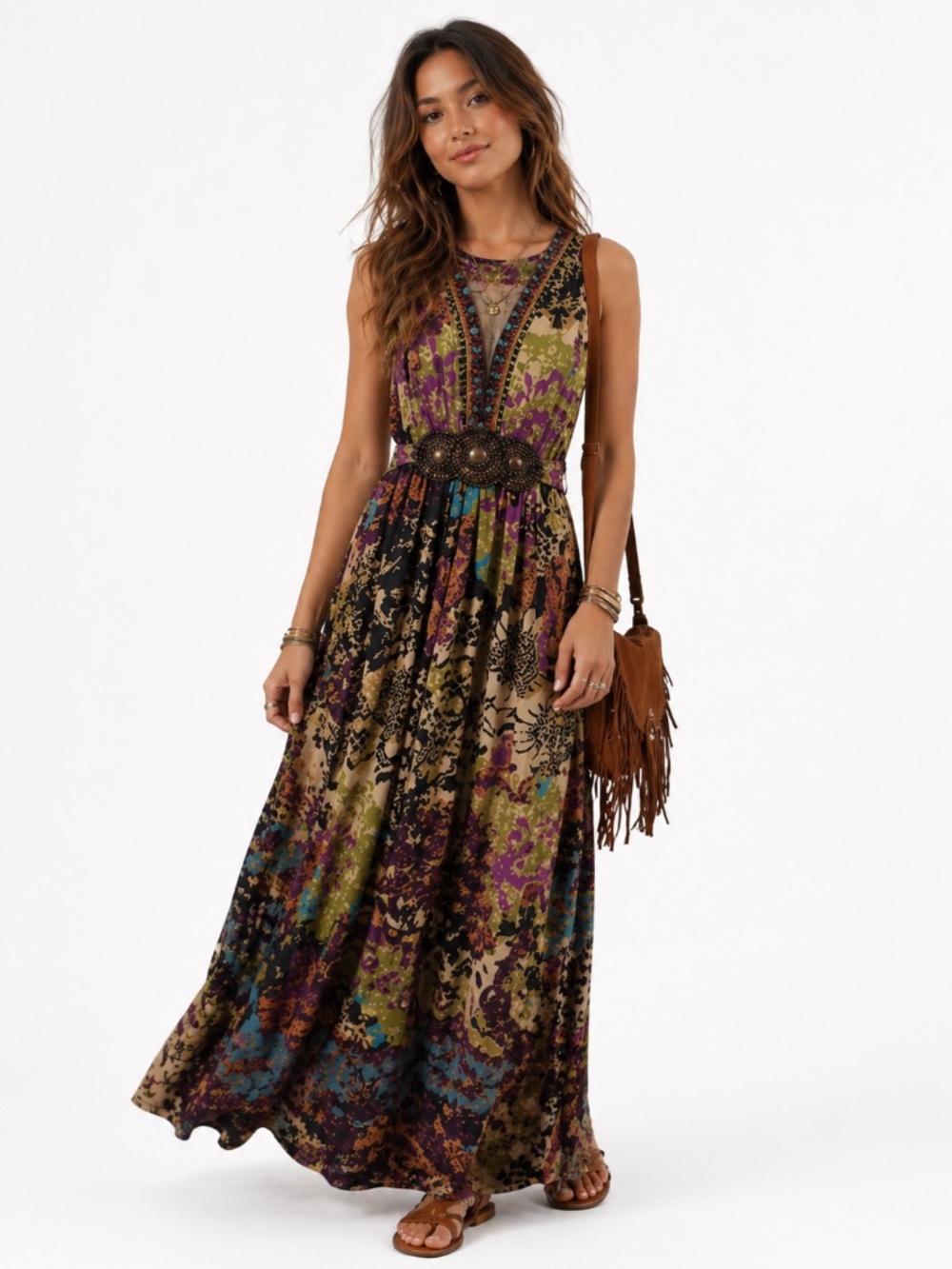 Ice maxi dress 10 pink/green floral beads stretch sleeveless boho festival hippi